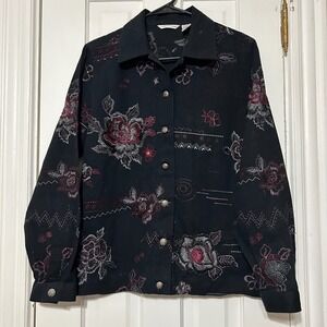 Laura Ashley Black Embroidered Floral Beaded Cotton Jacket Shirt Womens Small